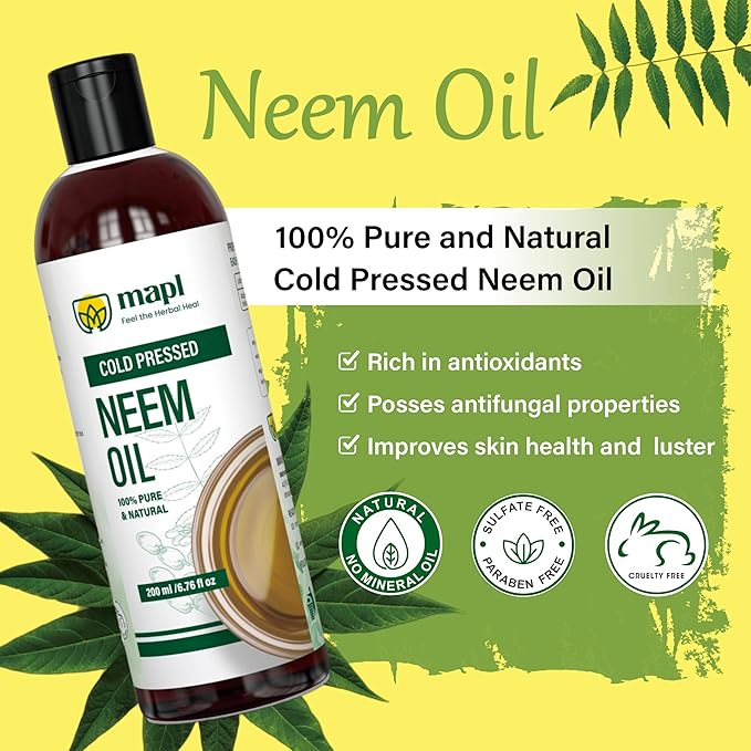 MAPL Cold Pressed Neem Oil for Hair & Skin – 100% Pure Neem Oil – Moisturizing Scalp & Dry Skin Care – Natural Conditioning Oil for Men & Women – 6.76 fl oz (200 ml)