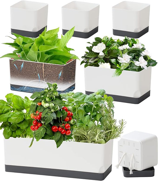 Self Watering Planters Pots for Indoor Plants, 7 Pack 4+8+17 Inch Plastic Window Boxes Planters Herb Planter, Rectangle Rectangular Planter Windowsill Planters with Drainage and Saucer