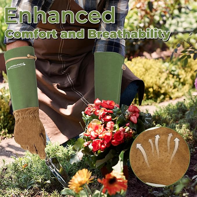 HANDLANDY Long Gardening Gloves for Men & Women, Pigskin Leather Rose Pruning Gloves, Breathable Thorn Proof Gauntlet Glove (Moss Green, M)