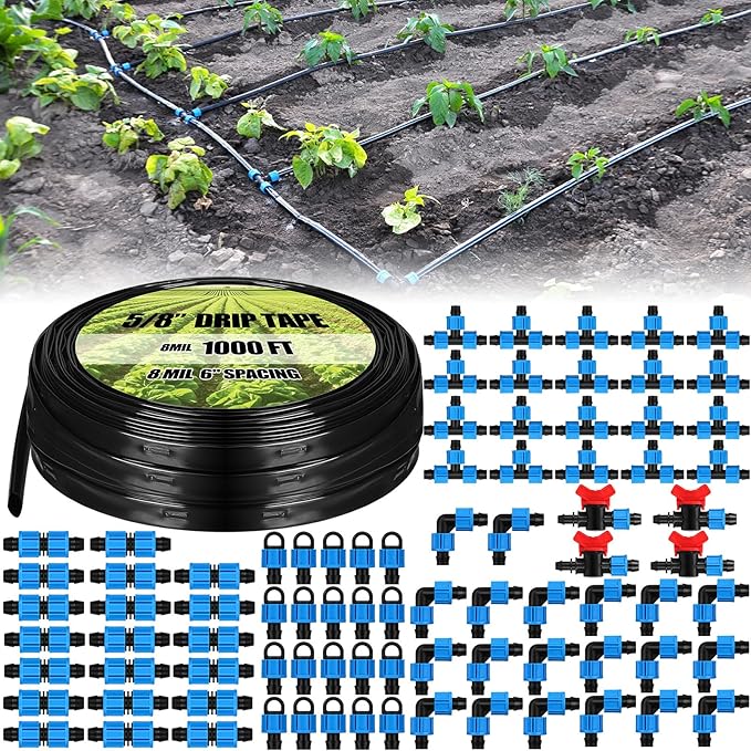 Tondiamo 1000 ft 5/8 Inch Drip Tape Irrigation Tubing Kit 8 Mil 6" Spacing Hose Garden Landscape Irrigation System Automatic Equipment for Farms