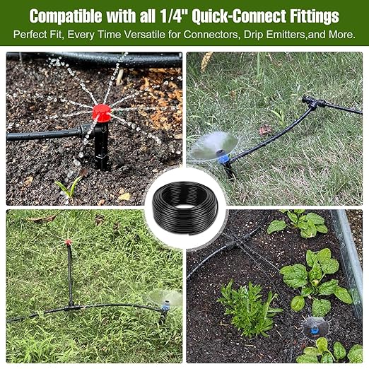 50FT 1/4 Inch Drip Irrigation Tubing with 5 Pack Push-to-Connect 1/4" Tee Connectors, Distribution Drip Line Hose & Universal Tee Fitting, for Drip Irrigation Parts or Drip System and Misting System