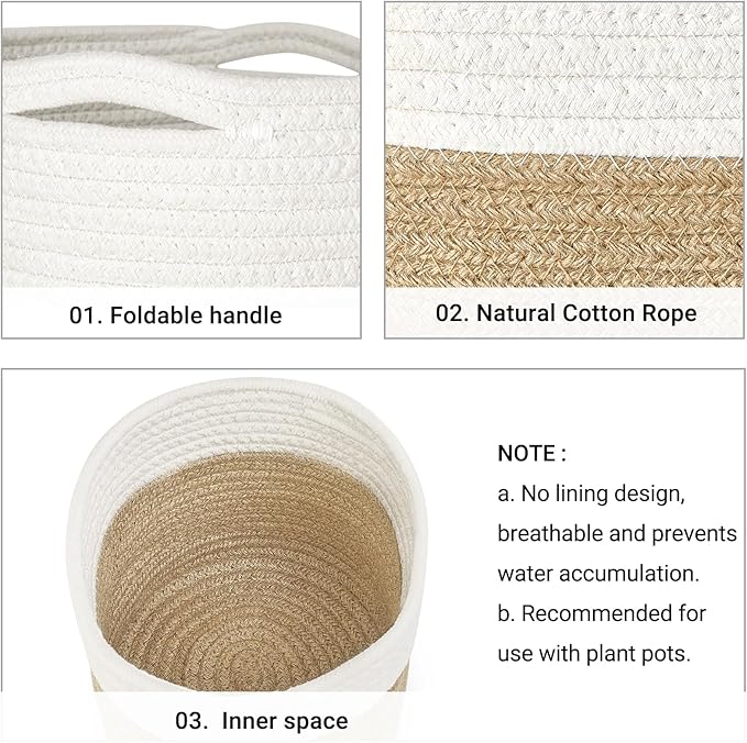Dahey Small Cotton Rope Plant Basket Woven Plant Coiled Basket for Up to 7" Planter, Decorative Flower Pot Cover Closet Storage Bin Table Desk Organizer for Home Decor, White and Beige