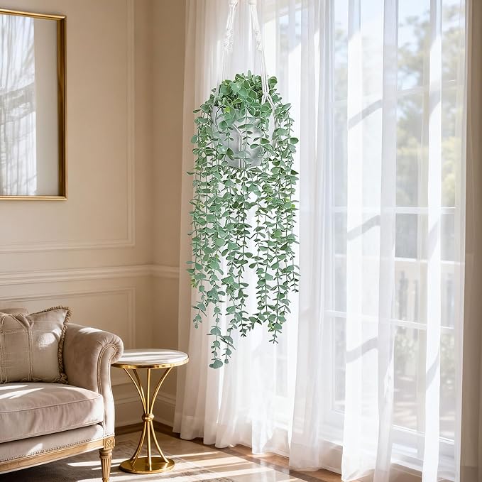 DREAMLOOM 2 Packs Fake Hanging Plants with Pots, Artificial Eucalyptus Hanging Plants with Macrame Hanger for Indoor Decor, Fake Hanging Vines Faux Greenery for Home Kitchen Office