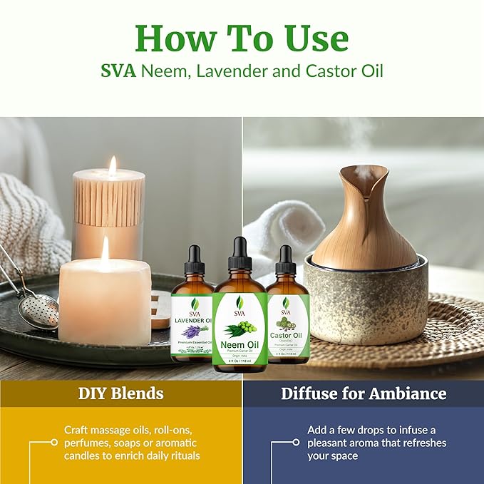 SVA Neem, Lavender and Castor Oil 4 oz Bundle Super Saver Combo – Premium Grade Bundle Set for Hair Oiling, Scalp Massage, Hair Care, Face, Skin Care and Body Massage