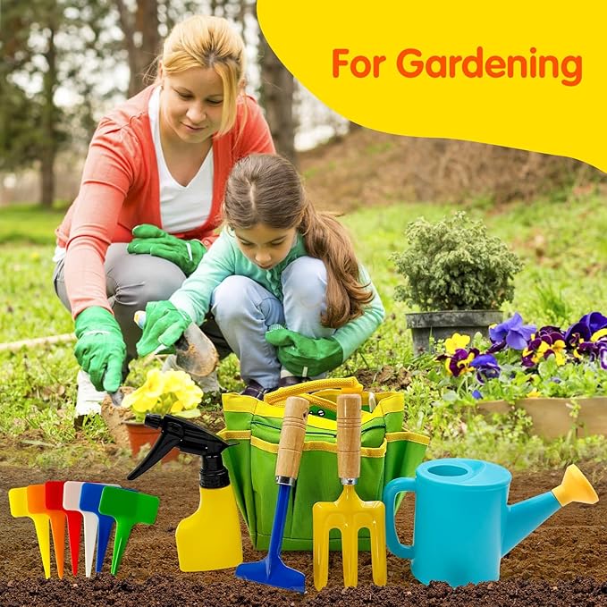Kids Gardening Tools Set Includes Toddler Gardening Gloves, Sturdy Tote Bag, Watering Can, Shovel, Rake, Trowel, Children Apron, Garden Notebook - Easter Gifts for Toddler