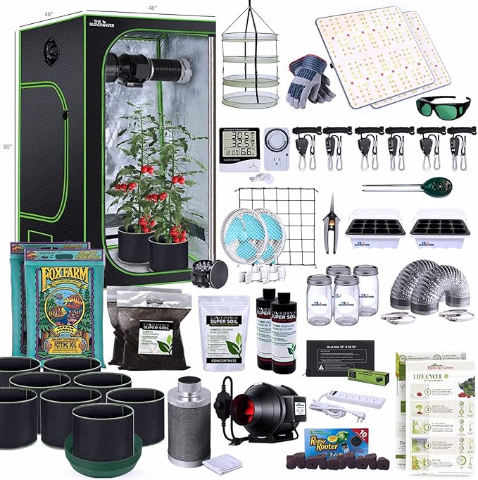 Complete All-in-One Home Grow Solution 48"x48"x80"- 1200W (X2 600W) LED Grow Light Dimmable Full Spectrum Quant-LED Light Unit-Indoor Grow Kit