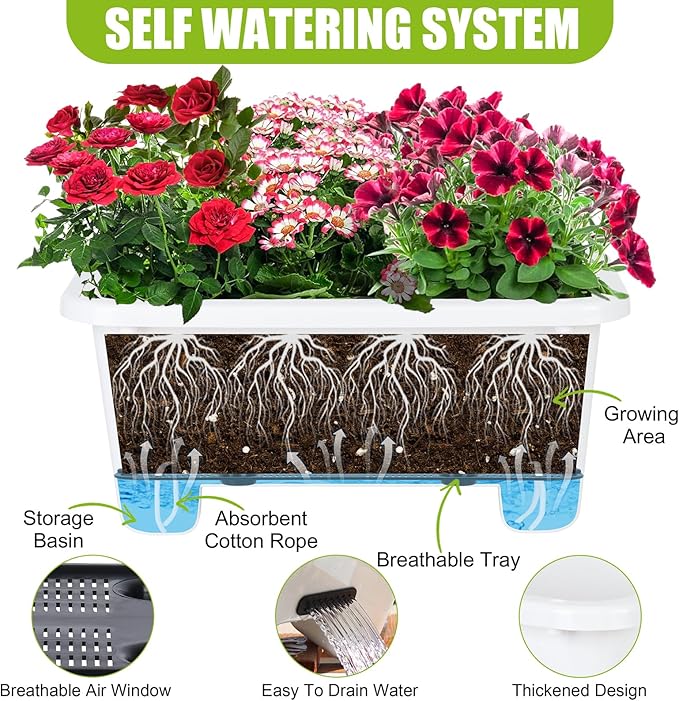 Oliz Self-Watering Rectangle Planter Boxes 8-Pack, 15.7-Inch Window Box Planter with Drainage Holes & Trays, Pots for Vegetables, Herbs, Flowers, Garden Windowsill Balcony (White)