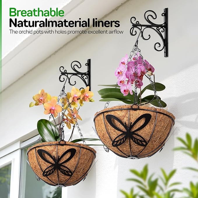 QCQHDU 2 Pack 8 inch Metal Hanging Orchid Baskets for Plants Outdoor, Hanging Orchid Planter Basket with Coco Liners, Orchid Pots with Holes for Garden, Patio, Deck, Porch Plants(Butterfly)