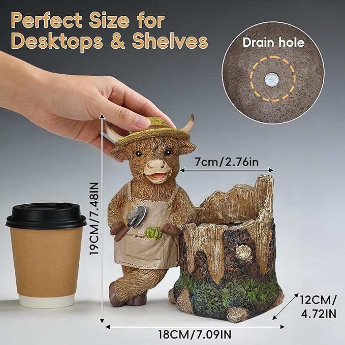 Cute Plant Pots Indoor - Cool Highland Cow Flowers Pots with Drainage,Small Flower Pot for Succulents,Cacti,Small Plants,Mini Planters for Home Desk Patio Decorations,Unique Gift for Plant Lovers