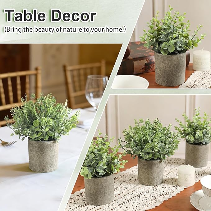 3 Pack Mini Potted Fake Plants Artificial Plastic Indoor Eucalyptus Plants for Home, Office, Desk, Bathroom, Coffee Table & Shelf (Light Green)