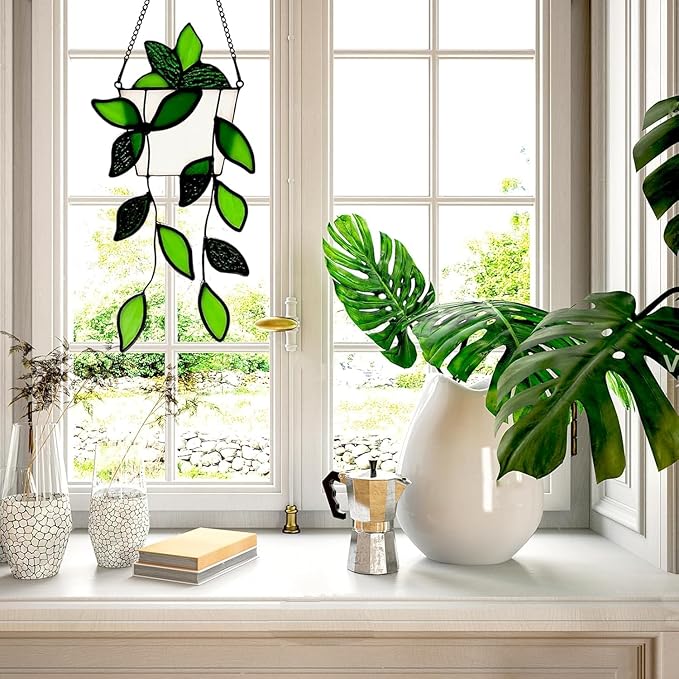 Stained Glass Window Hanging Green Plant Window Suncatcher Handcrafted Faux Plant Stained Glass Panel Sun Catcher for Plant Lovers,Unique Home Indoor&Outdoor Decor (Green)