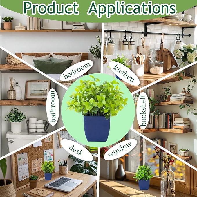 Grever 4 Pack Small Fake Plants in Blue Pot Mini Artificial Potted Plants for Home Bathroom Office Table Desk Shelf Indoor Decor