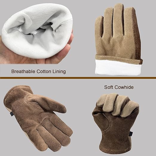 Leather Work Gloves for Men Women with Cotton Lining, Thorn Proof Gardening Gloves for TIG/MIG Welding, Construction (Brown, Large)
