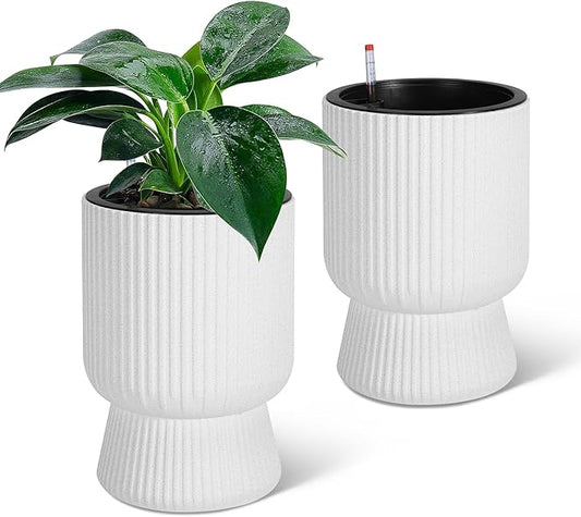 TROPOW 14 Inch Plant Pots, Self Watering Planters Set of 2 with Drainage Holes for Indoor Plants, Flower Pots with Water Level Monitor, for Patio, Porch, Living Room, Home Office