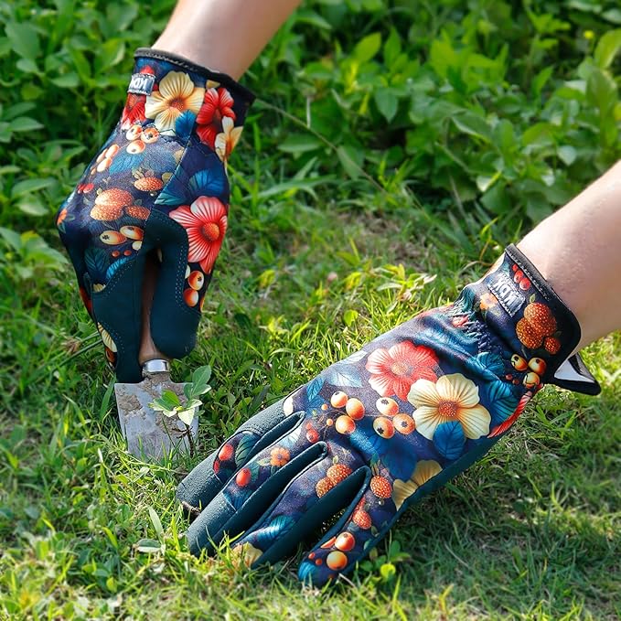 KDK Gardening Gloves for Women, Flexible Breathable Garden Gloves, Leather Working Gloves for Weeding, Digging and Pruning (Flowers and Berries, Small)