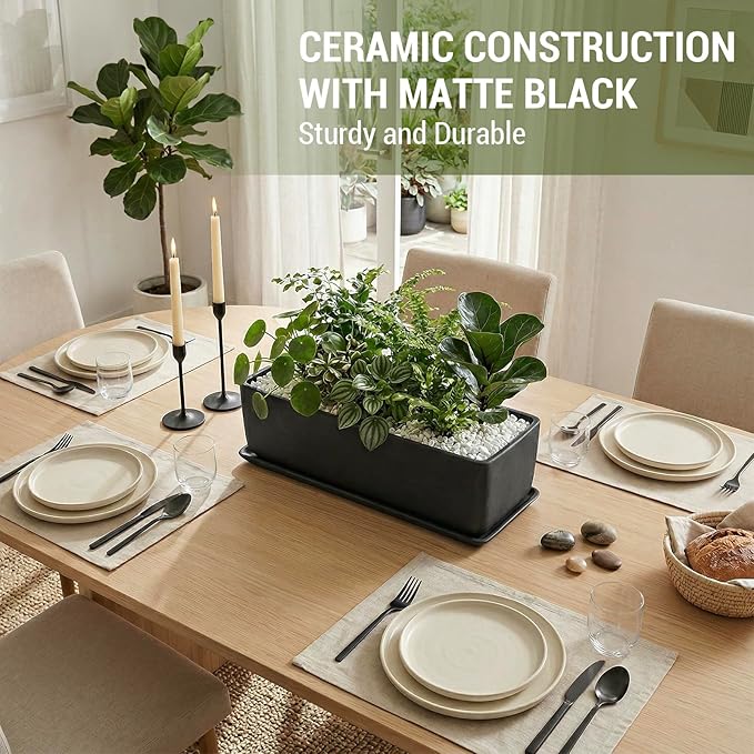 MyGift 14 Inch Ceramic Indoor Plant Pot, Rectangular Succulent Planter, Decorative Flower Planter with Drainage Hole and Removable Tray, Matte Black