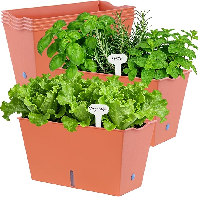 Oliz Window Box Planter 6 Pcs, 12.6 Inches Self Watering Rectangle Flower Plant Pots with Drainage Holes & Breathable Trays, Vegetable Planters for Windowsill Patio Garden Balcony Porch Yard (Orange)