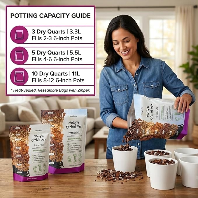 Molly's Orchid Potting Mix - Premium Gritty Soilless Orchid Mix - Chunky High Drainage vs Standard Potting Soil for Indoor Plants - Contains Bark, Coco Chips, Akadama, Pumice, Lava Rock 10 Dry Quarts