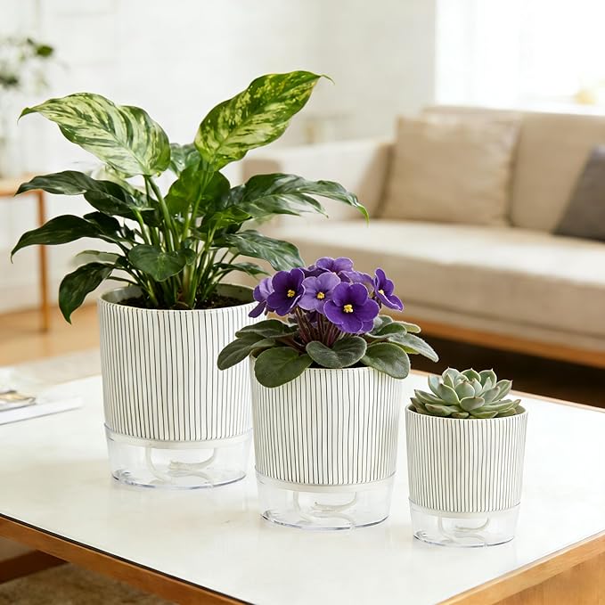 3 Pack 4.3+5.5+6.3 Inch Self Watering Pots Set, Self Watering Planter with Reservoir and Wick Rope for Indoor/Outdoor Plants, Modern Houseplants Pots for African Violets,Cactus,Succulents