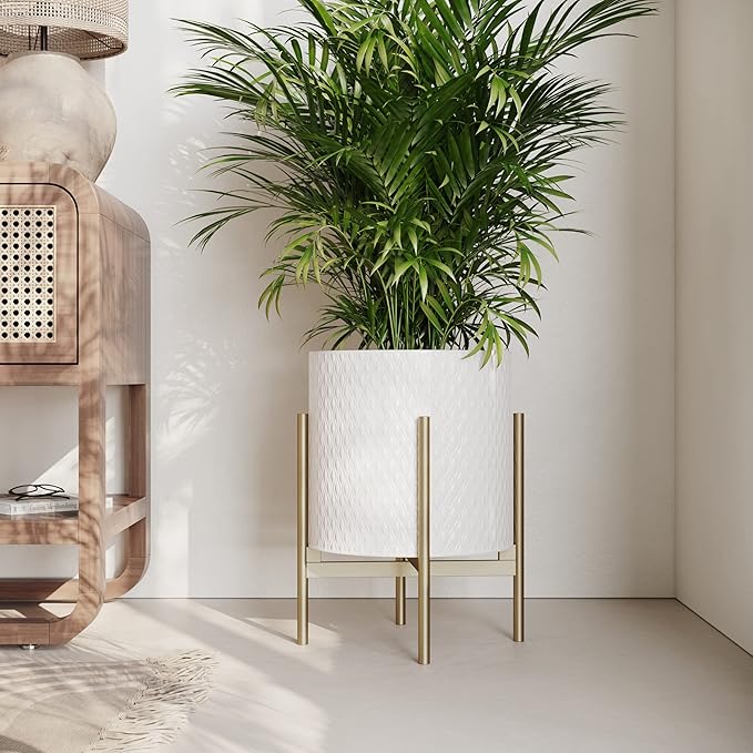 EverNest Claire Mid-Century Modern White Planter and Stand, Indoor Plant Pot, SelectBase, Minimalist Aesthetic, Home Decor for Plants - (Gold Base, Medium)