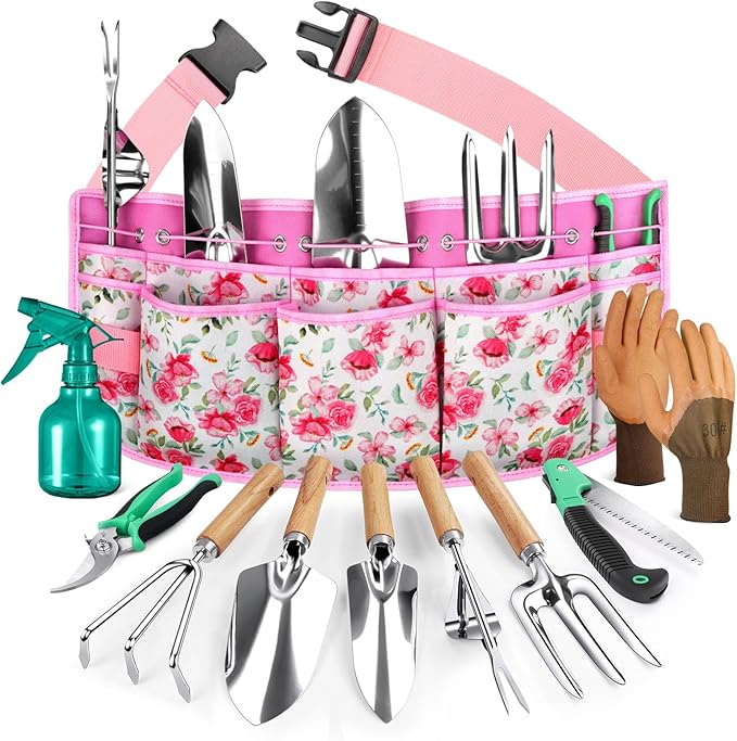Grenebo All-in-One Garden Tool Set with Tools Organizer Belt Adjustable, 10-Piece Gardening Hand Tools, Long Lasting Rust-Proof Premium Garden Tool Kit, Gardening Gift for Women Men (Pink)