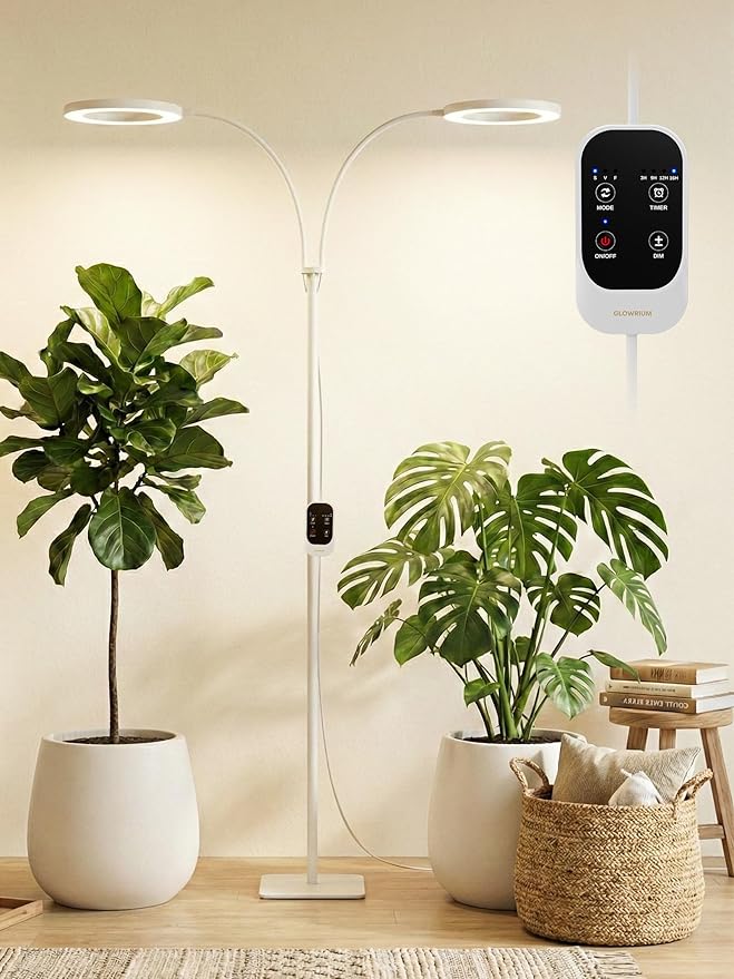 GLOWRIUM 48W LED Dual-Head Grow Light for Indoor Plants, 23.5-71" Adjustable Height, 3-Growing Full Spectrum for Tall Plant Light, 3/9/12/16H Timer, 6-Level Dimming, Ideal for Large Tall Plants