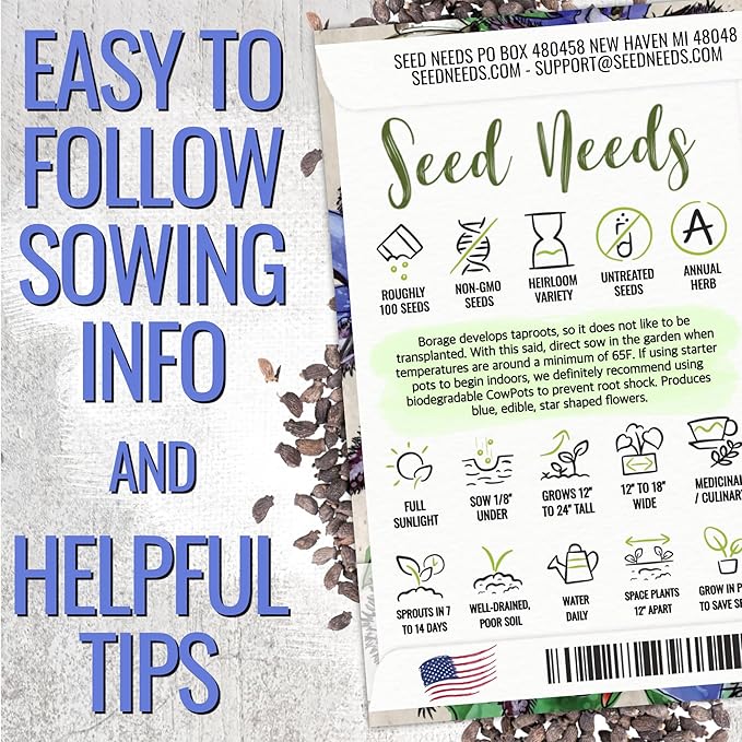 Seed Needs Borage & Chives Seeds for Planting Fresh Kitchen Herbs - Non-GMO Heirloom & Untreated Perennial Herb Seed to Plant a Culinary Garden Indoors or Outdoors (2 Pack Duo)