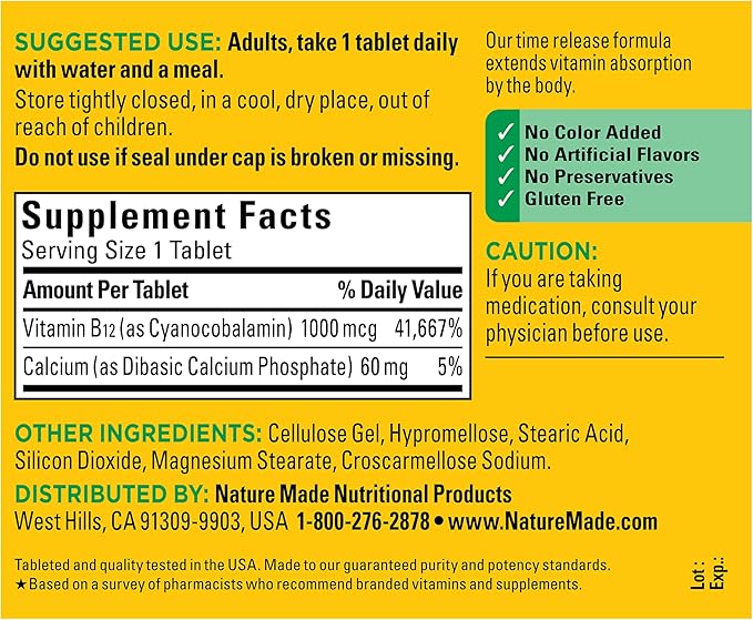 Nature Made Vitamin B12 1000 mcg, B12 Vitamins, Dietary Supplement for Energy Metabolism Support, 160 Time Release Tablets, 160 Day Supply