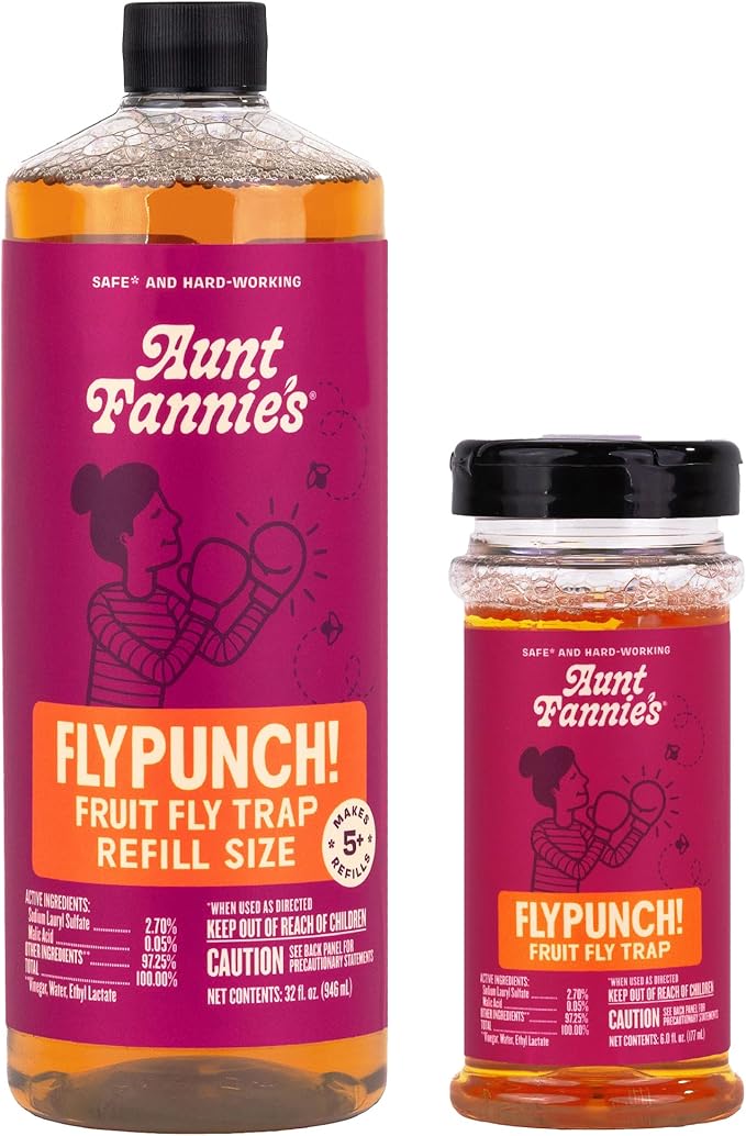 Aunt Fannie's FlyPunch Fruit Fly Trap Bundle for Indoor and Kitchen Use, Ready to Use, Made with Plant Based Ingredients, Safe Near Food, Long Lasting, 32 oz Refill and 6 oz Single