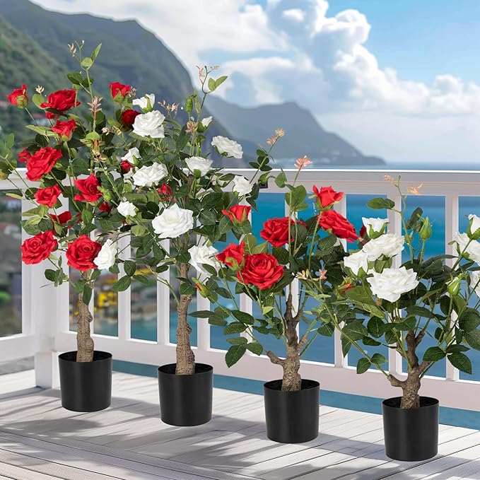 24’’ Artificial Rose Tree, 2 Pack Faux Rose Plants with White Flowers and Green Leaves, 2FT Silk Potted Tree for Indoor Outdoor Home Office Porch Garden Decor, White