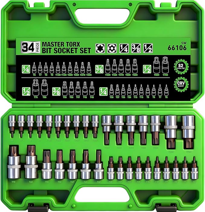SWANLAKE GARDEN TOOLS 34-Piece Torx Bit Socket Set, Tamper Proof T6-T70, Solid Star Bits Set, Premium CR-V & S2 Alloy Steel Star Socket Sets, Torque Bit Sets with Storage Case