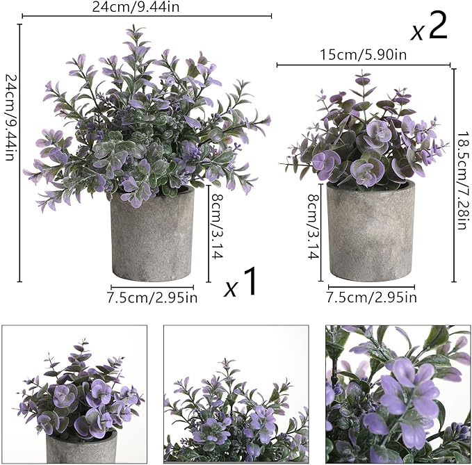 3 Pack Mini Purple Potted Fake Plants Artificial Plastic Indoor Eucalyptus Plants for Home, Office, Desk, Bathroom, Coffee Table & Shelf
