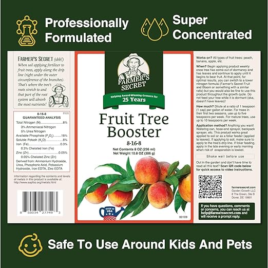 Farmer's Secret Fruit Tree Booster Fertilizer (32oz) - Super Concentrated and Phosphorus Rich - Formulated for All Fruit Trees Including Peach, Banana, and Apple