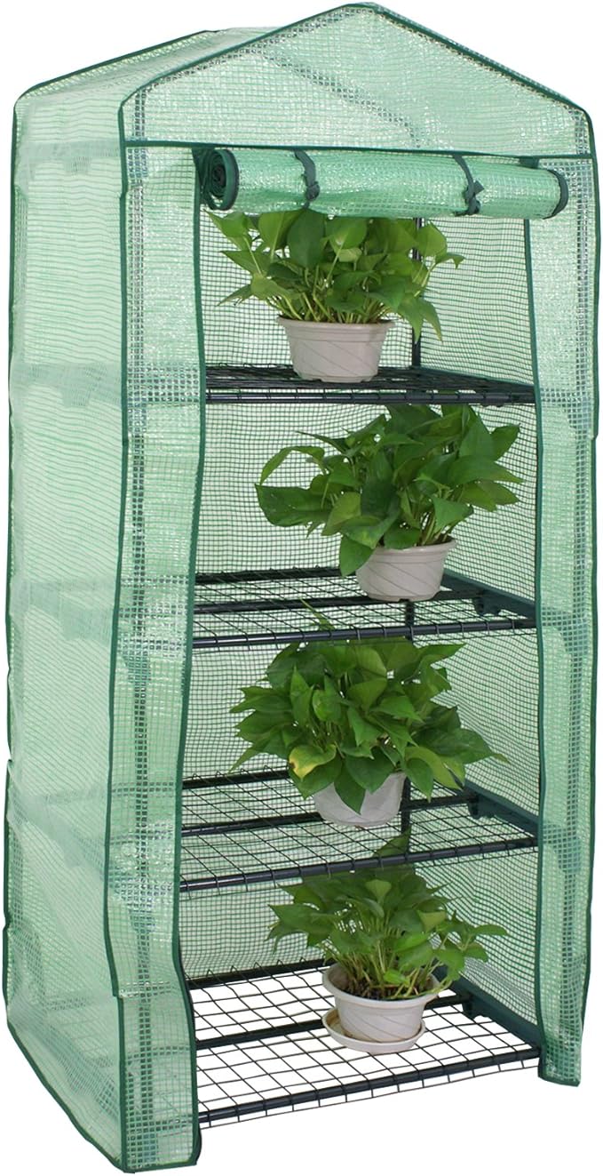 4-Tier Mini Greenhouse Portable Garden Grow Plants Flower Seedings Green House w/PE Cover, Roll-Up Zipper Door and Metal Frame 27.25"(L) X 19"(W) x 63"(H)