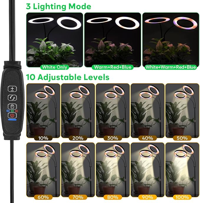Dual-Head Grow Lights for Indoor Plants, LED Full Spectrum Plant Lamp with Timer 3/9/12H, 10 Dimmable Levels, Flexible Gooseneck, Height Adjustable 14"-23" for House Plants & Seedlings