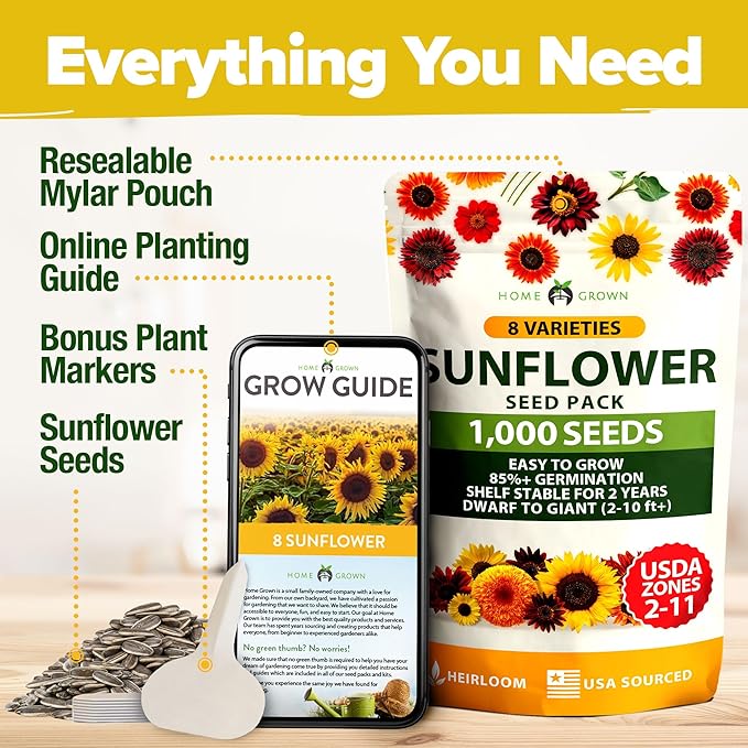 HOME GROWN Sunflower Seeds for Planting | 8 Varieties |1000+ Non-GMO Sun Flower Seeds Packets to Plant: Grow Dwarf Sunflowers, Mexican Sunflowers, Wild, Lemon Queen,Autumn Beauty,Sunspot, Velvet Queen