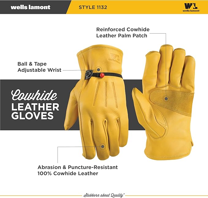 Wells Lamont Leather Work Gloves for Men – Heavy Duty, Cowhide, Abrasion & Puncture Resistant – Adjustable Wrist, Gunn Cut Design, Ideal for Ranching, Farming, Construction - Saddletan - XXL