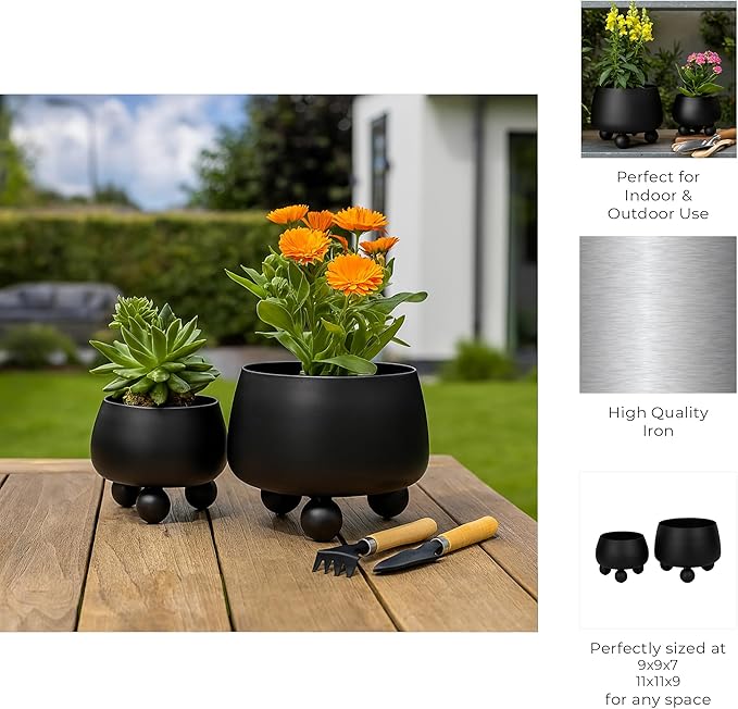Chic Black Flower Pots and Planters for Indoor Plants Set – Glam Ceramic Planter Set with Modern Design for Home Decor, Orchid Pot, Round Planter, Indoor and Outdoor Planters – 9" & 7", Black