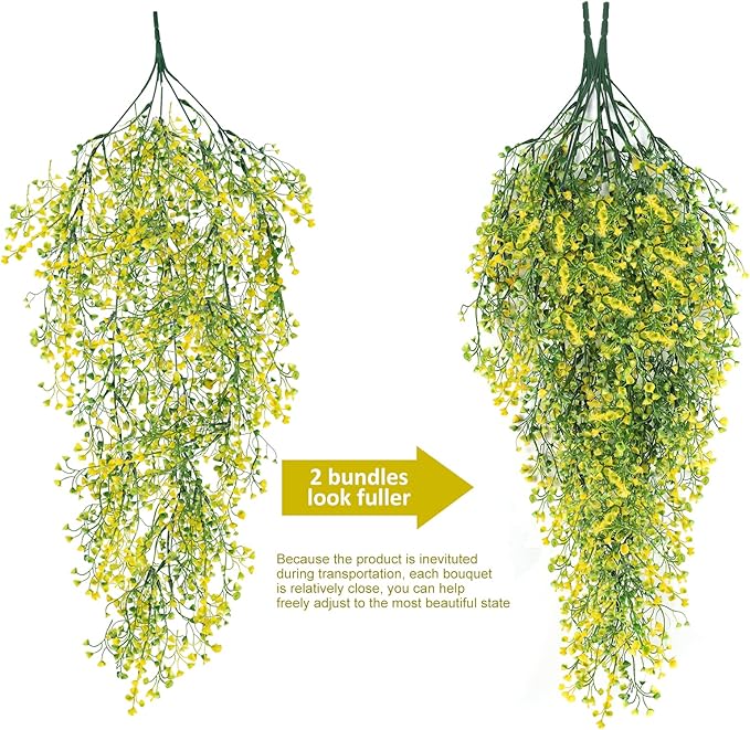 RECUTMS Artificial Hanging Vines 4 Pcs Fake Hanging Plants Faux Plastic Vines Leaves Wall Hanging Flowers for Spring Indoor Outdoor Home Bedroom Apartment Decoration(Yellow)