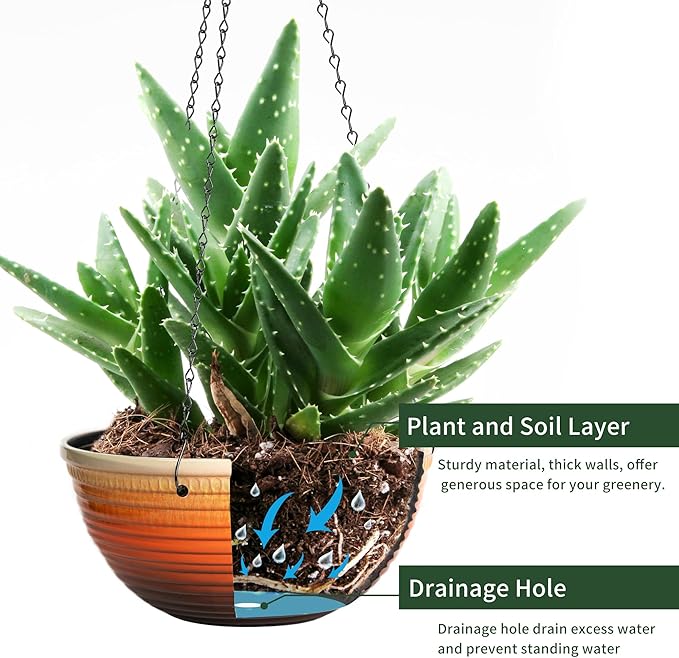 Vanslogreen 12 inch Hanging Planters for Indoor Outdoor Plants, 2 Pack Large Hanging Flower Pots with Drainage Holes and Chain, Glazed Hanging Baskets for Home Garden Decoration, Orange