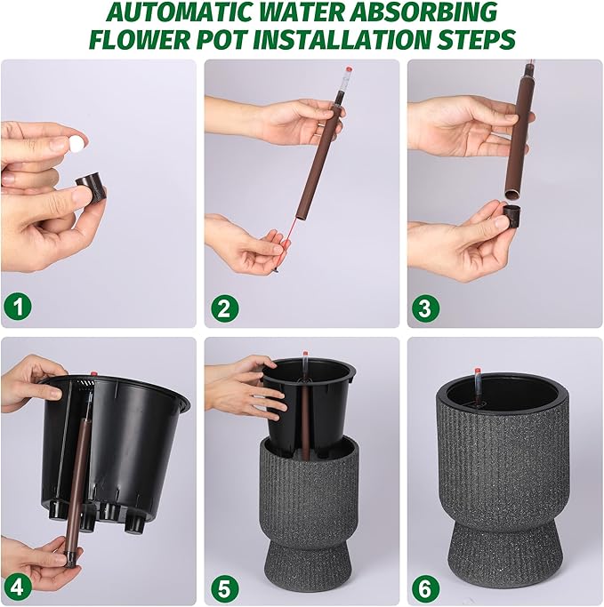 IDEALHOUSE Self Watering Planters Set of 2, 14.2 Inch Tall Outdoor/Indoor Flower Pots with Water Level Indicator, Large Modern Planter with Hidden Reservoir for Patio, Porch, Balcony,Black