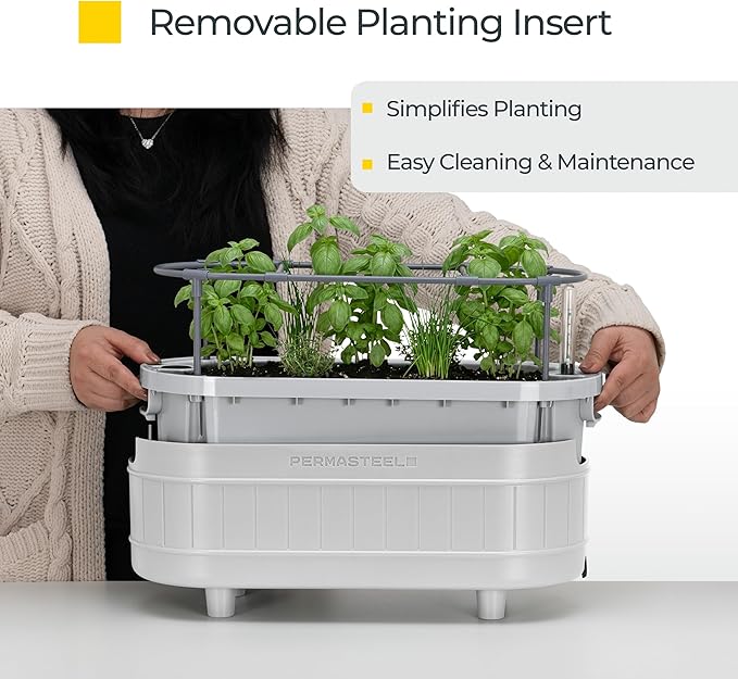 Permasteel Herb Garden Planter with Trellis Support, Self-Watering System with Water Level Indicator, Fits Multiple Herb Plants, for Basil, Flowers, Succulents, Indoor & Outdoor, White
