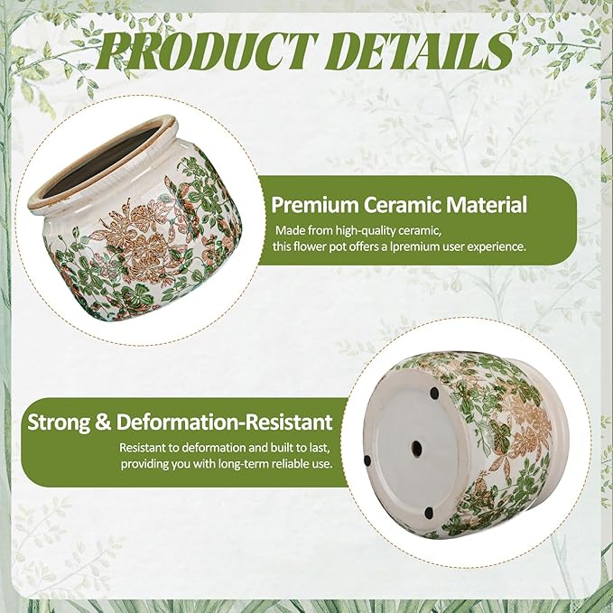 7.7" Large Ceramic Plant Pot Pink Green Vintage Hibiscus Crackle Glaze Rustic Flowers Pot Decorative Planter with Drainage for Indoor Outdoor Plants Home Kitchen Office Decor Gift