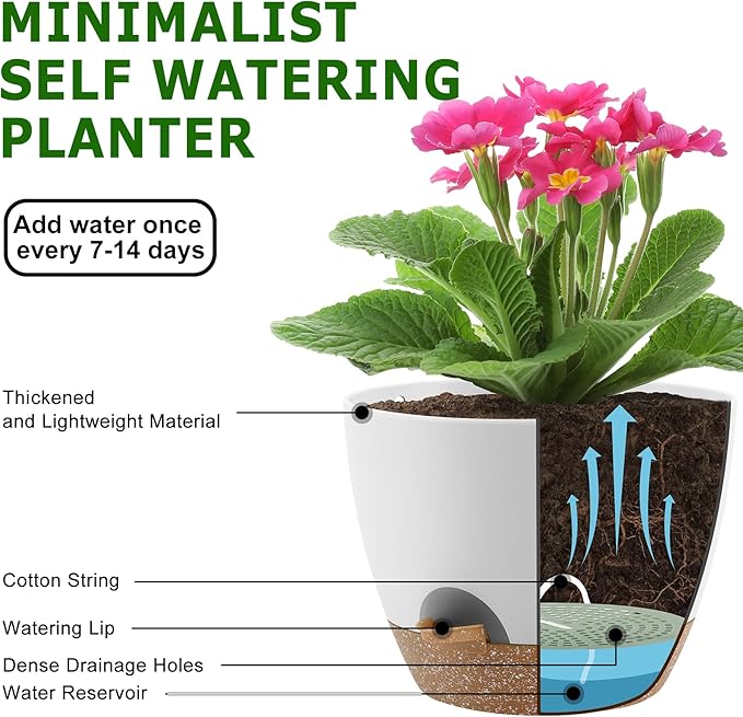 QRRICA Plant Pots 10/9/8 Inch Self Watering Pots, Set of 3 Plastic Planters with Drainage Holes and Saucers,Plastic Flower Pots,Nursery Planting Pot for Indoor Out Door Plants（White）