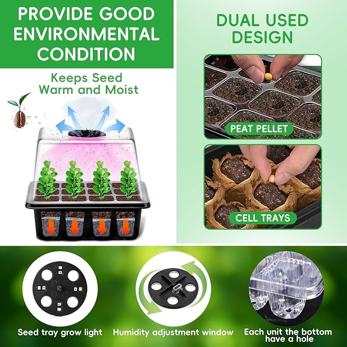 YAUNGEL Seed Starter Tray with Grow Light, 5 Pack Seed Starter Kit with Heat Mat, Seed Tray with Timing Controller Adjustable Brightness and Humidity Domes Heightened Lids, Black