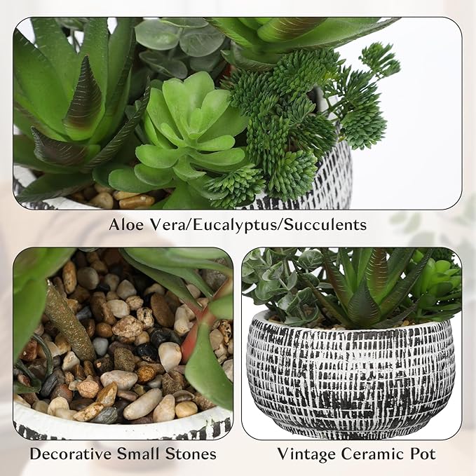 11” Large Succulents Aloe Plants Artificial in Ceramic Pots Potted Faux Succulent Eucalyptus Arrangement with Black Bowl Pots Fake Desk Succulents Plants for Home Bathroom Shelf Table Indoor Decor