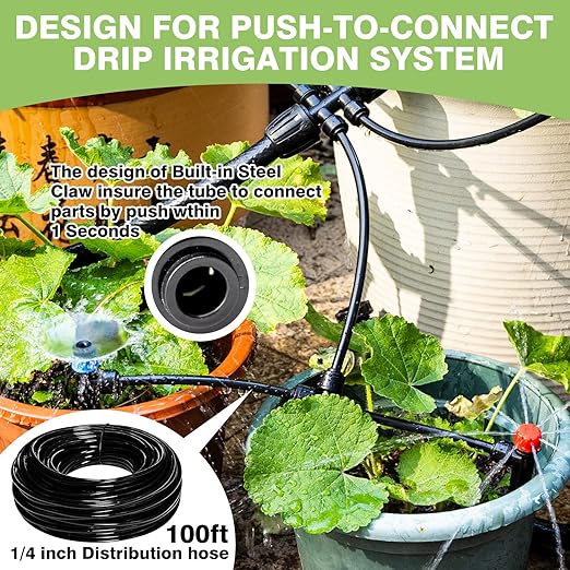 Maotong 100FT 1/4 inch New Quick-Connect Drip Irrigation Kit Distribution Hose Tubing for Garden Irrigation System (Includes 2 Pcs 6-Way Connector, 5 Pcs 1/4" Tee and 10 Pcs End Plugs)