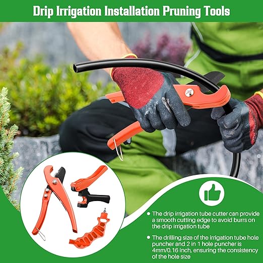 Feekoon Drip Irrigation Punch Hole Tubing Cutter Tools with Barbed Connectors, 2-in-1 Drip Tubing Hole Punch for 1/4 Inch Fitting 16 20 25 mm PE Pipe and Emitter (Orange,115 Irrigation Plugs)