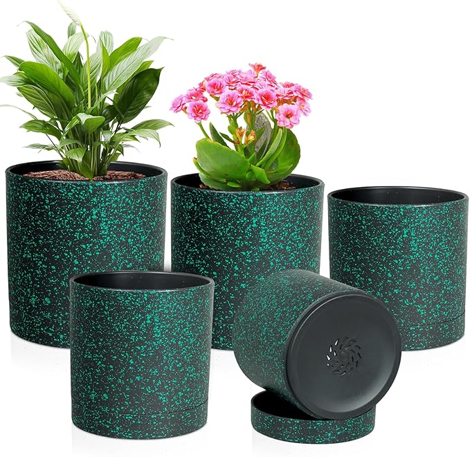 Meowell 7/6.5/6/5/4 inch Plant Pots, 5 Pack Cylinder Flower Pots for Small Indoor Outdoor Plants, Plastic Planters with Drainage Holes and Saucer for Garden Succulent Plants, Black With Green Speckles