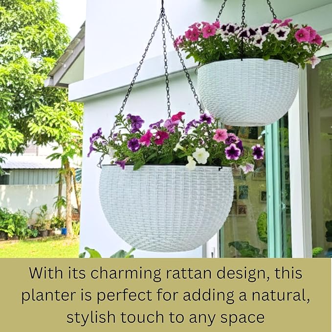 LaLaGreen Indoor Hanging Planter (11 Inch, 2 Pack) Self-Watering Round Flower Pot with Water Level Indicator, White Rattan Style Hanging Basket on Metal Chain for Balcony, Porch, Patio, Garden Decor